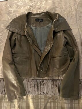 Vince Olive Brown Leather Cropped Zip Jacket